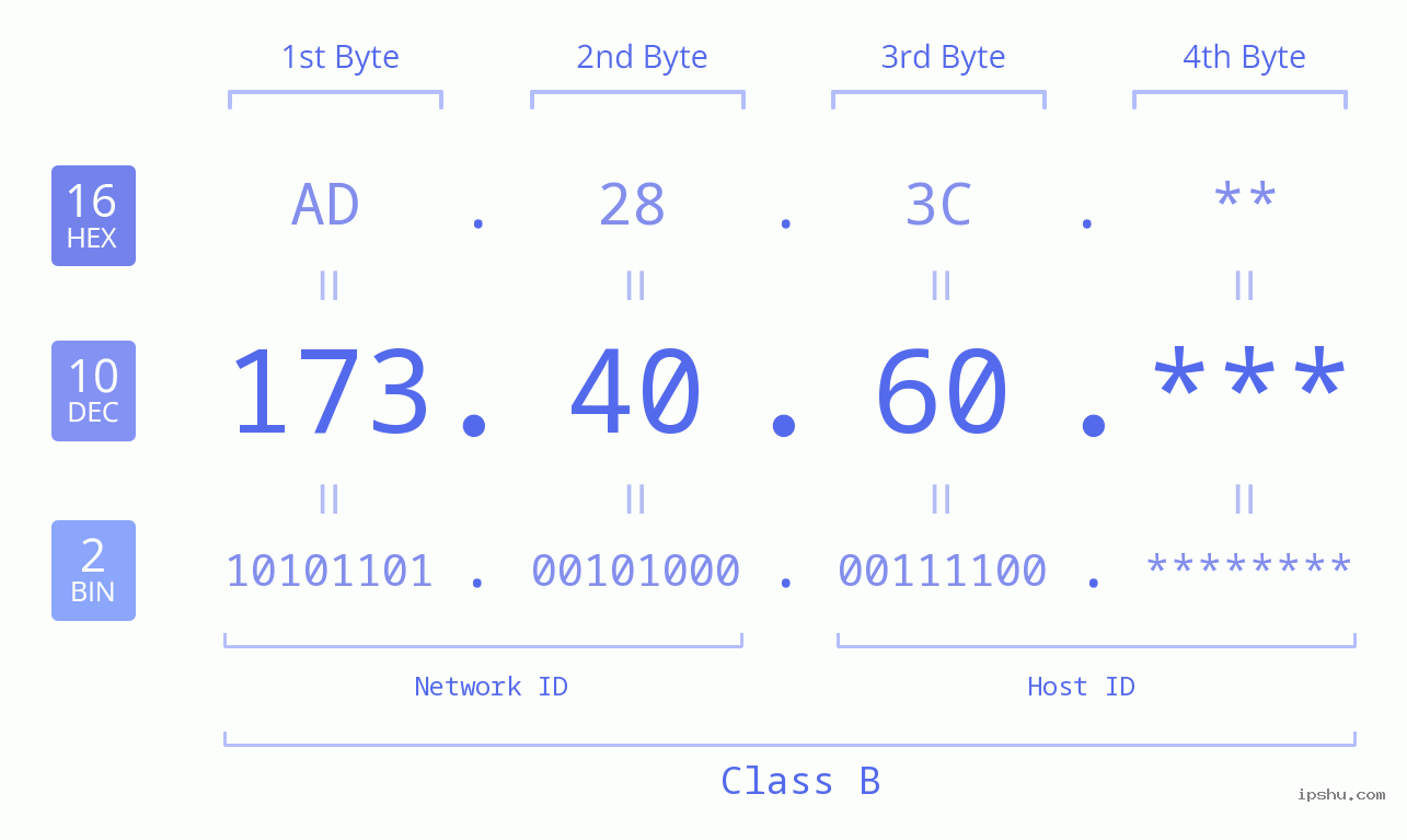 IP Address: 173.40.60 Data Structure Chart BIN DEC HEX IPv4: 173.40.60 Network Class, Net ID, Host ID