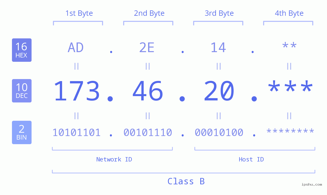 IP Address: 173.46.20 Data Structure Chart BIN DEC HEX IPv4: 173.46.20 Network Class, Net ID, Host ID