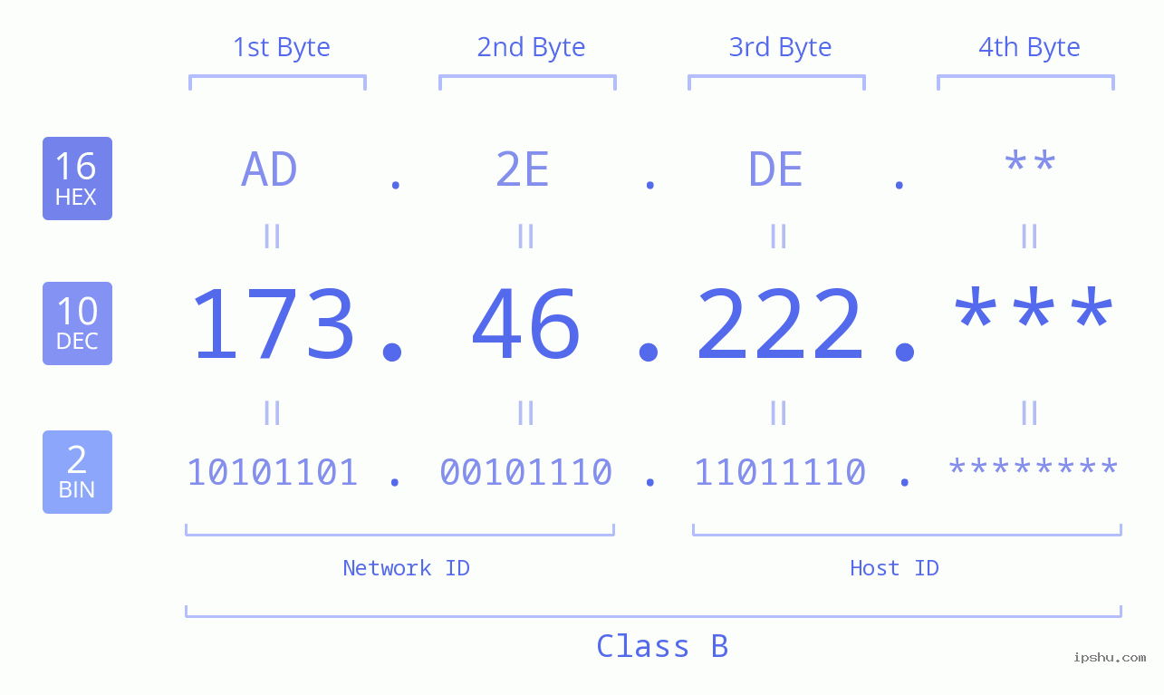 IP Address: 173.46.222 Data Structure Chart BIN DEC HEX IPv4: 173.46.222 Network Class, Net ID, Host ID