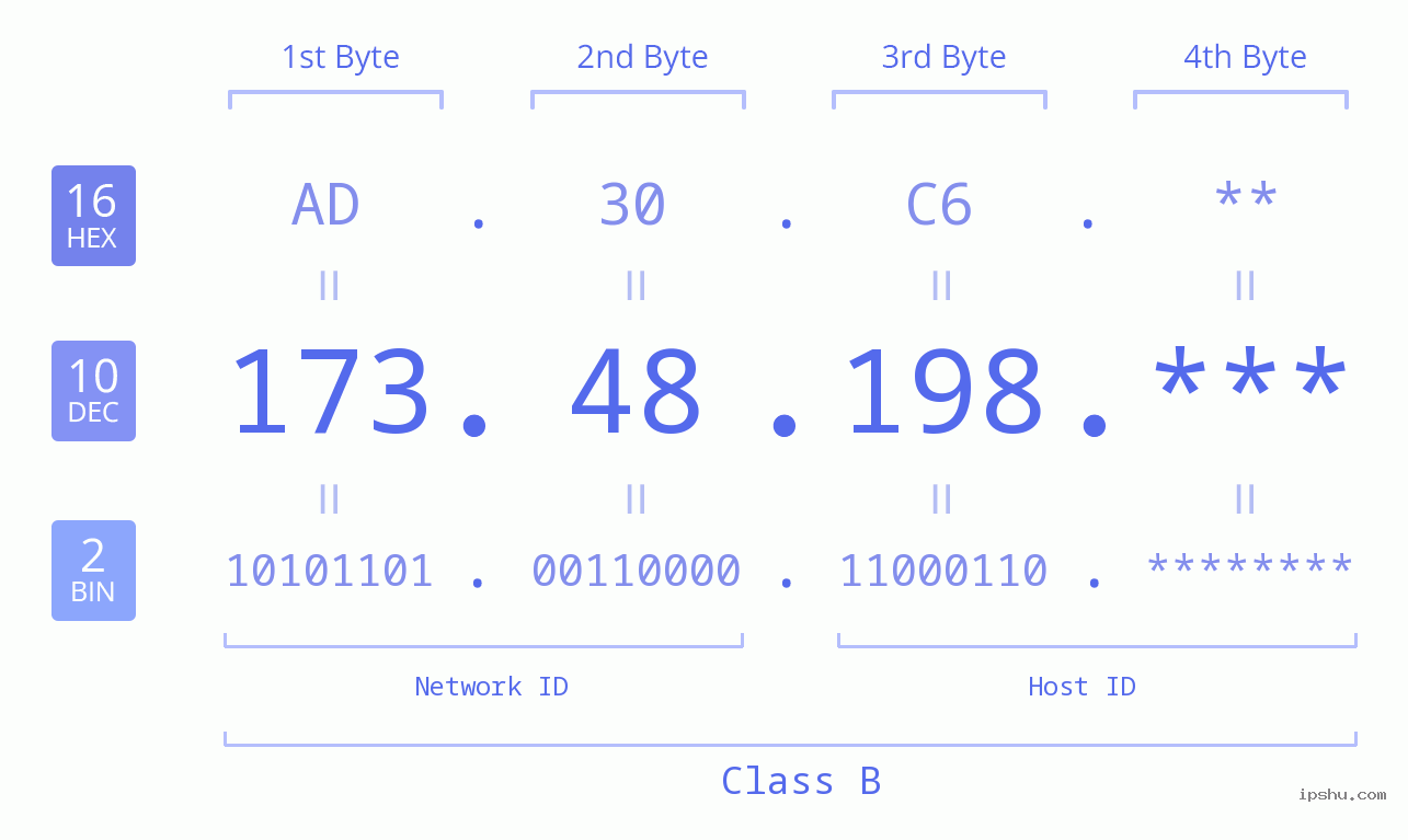 IP Address: 173.48.198 Data Structure Chart BIN DEC HEX IPv4: 173.48.198 Network Class, Net ID, Host ID