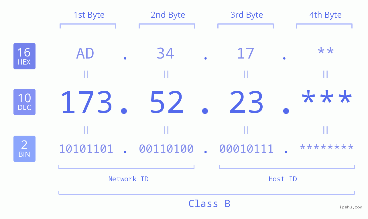 IP Address: 173.52.23 Data Structure Chart BIN DEC HEX IPv4: 173.52.23 Network Class, Net ID, Host ID