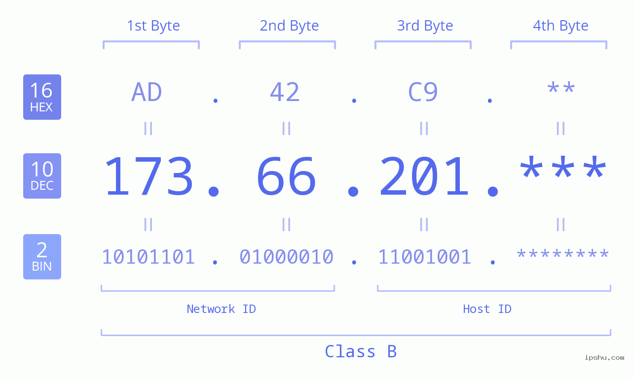 IP Address: 173.66.201 Data Structure Chart BIN DEC HEX IPv4: 173.66.201 Network Class, Net ID, Host ID