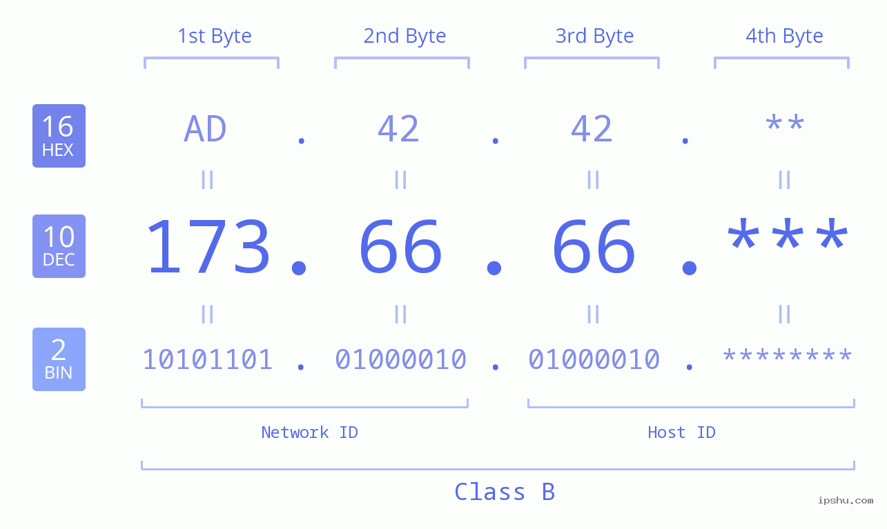 IP Address: 173.66.66 Data Structure Chart BIN DEC HEX IPv4: 173.66.66 Network Class, Net ID, Host ID