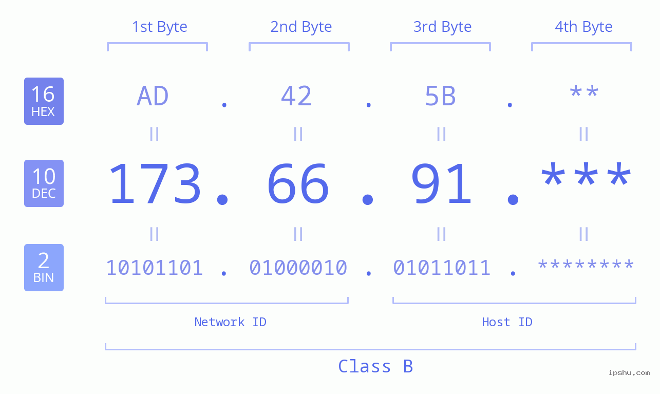 IP Address: 173.66.91 Data Structure Chart BIN DEC HEX IPv4: 173.66.91 Network Class, Net ID, Host ID