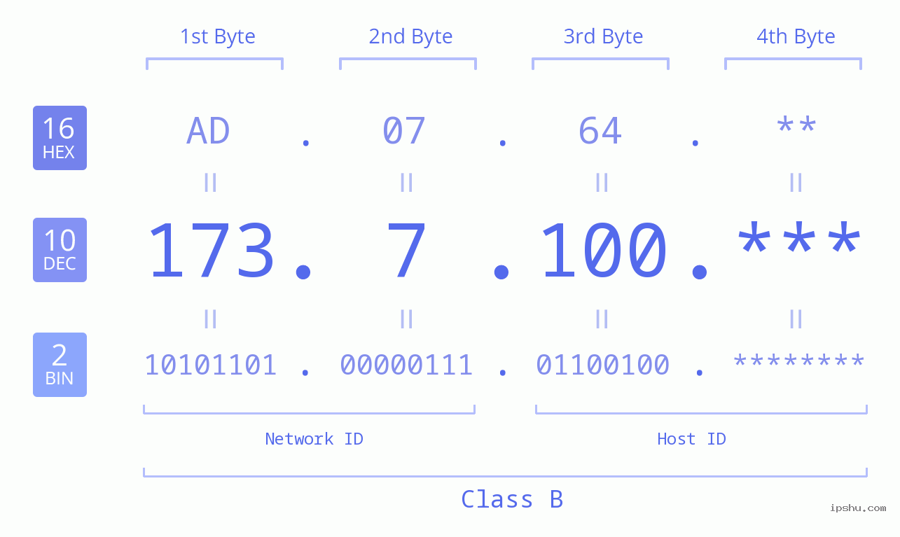 IP Address: 173.7.100 Data Structure Chart BIN DEC HEX IPv4: 173.7.100 Network Class, Net ID, Host ID