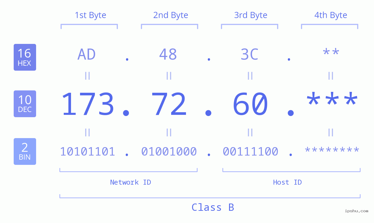 IP Address: 173.72.60 Data Structure Chart BIN DEC HEX IPv4: 173.72.60 Network Class, Net ID, Host ID