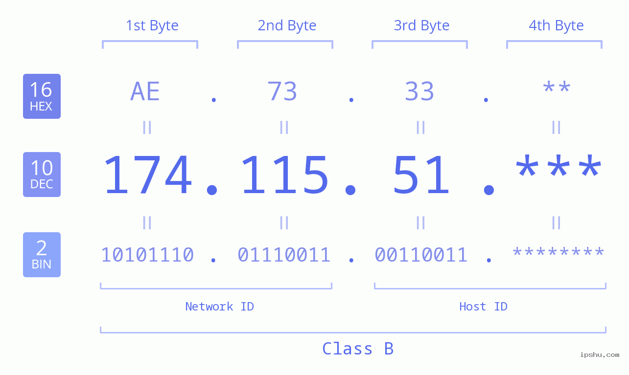 IP Address: 174.115.51 Data Structure Chart BIN DEC HEX IPv4: 174.115.51 Network Class, Net ID, Host ID
