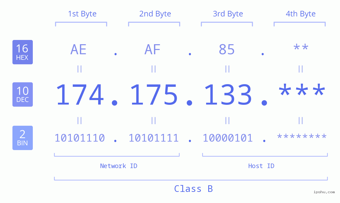 IP Address: 174.175.133 Data Structure Chart BIN DEC HEX IPv4: 174.175.133 Network Class, Net ID, Host ID