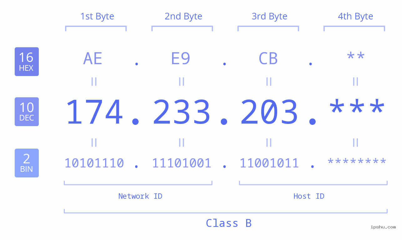 IP Address: 174.233.203 Data Structure Chart BIN DEC HEX IPv4: 174.233.203 Network Class, Net ID, Host ID