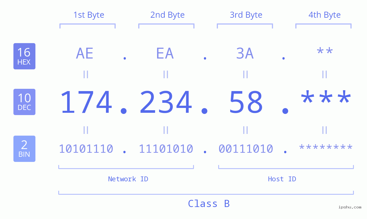 IP Address: 174.234.58 Data Structure Chart BIN DEC HEX IPv4: 174.234.58 Network Class, Net ID, Host ID