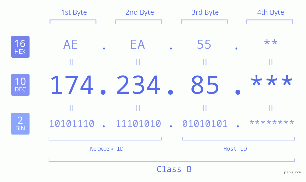 IP Address: 174.234.85 Data Structure Chart BIN DEC HEX IPv4: 174.234.85 Network Class, Net ID, Host ID