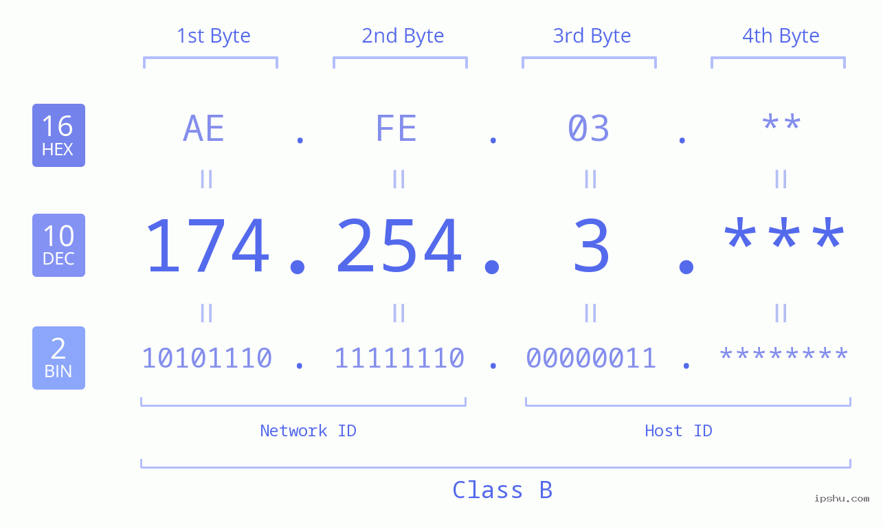 IP Address: 174.254.3 Data Structure Chart BIN DEC HEX IPv4: 174.254.3 Network Class, Net ID, Host ID