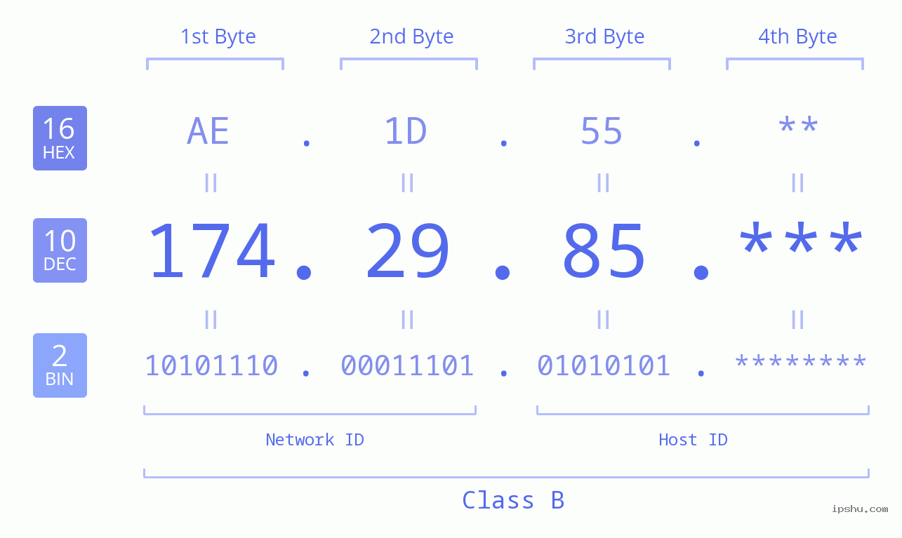 IP Address: 174.29.85 Data Structure Chart BIN DEC HEX IPv4: 174.29.85 Network Class, Net ID, Host ID