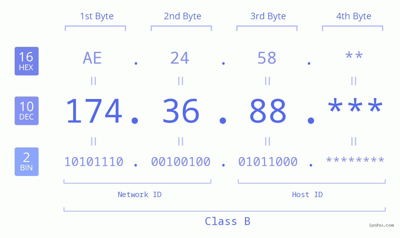 IP Address: 174.36.88 Data Structure Chart BIN DEC HEX IPv4: 174.36.88 Network Class, Net ID, Host ID