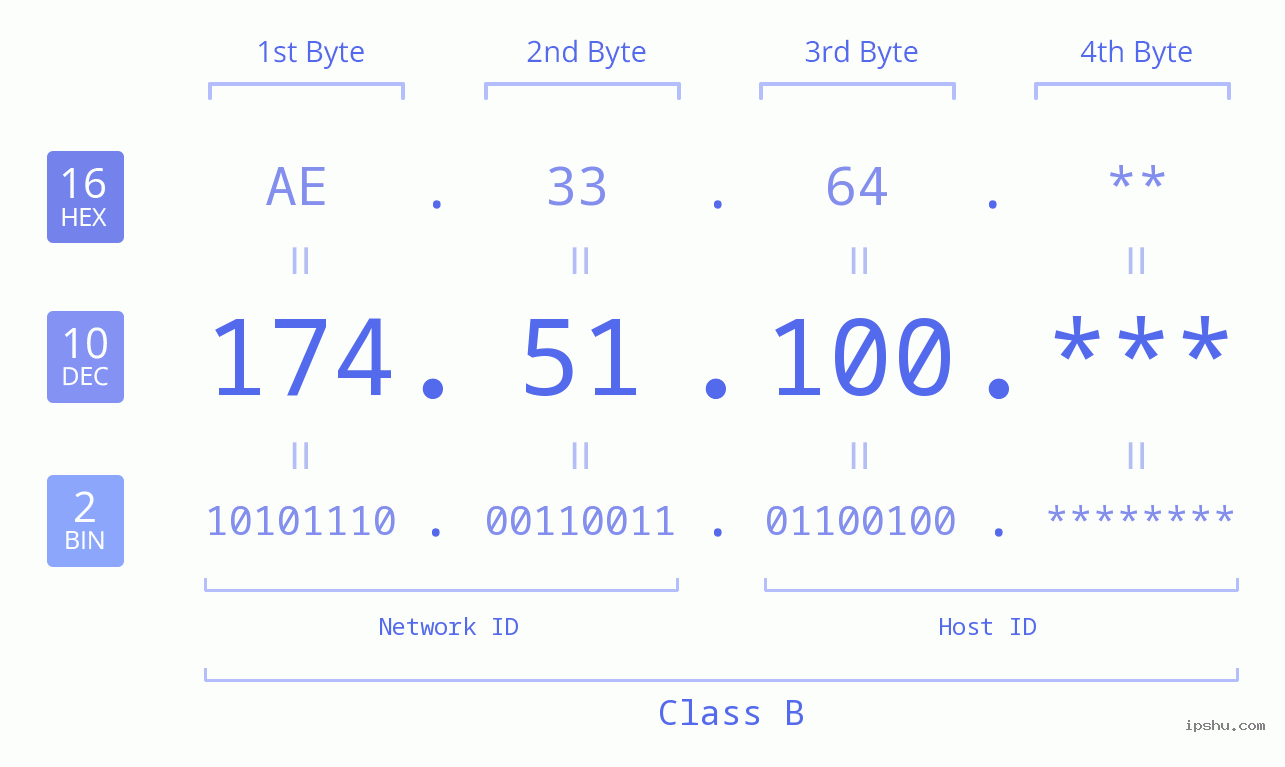 IP Address: 174.51.100 Data Structure Chart BIN DEC HEX IPv4: 174.51.100 Network Class, Net ID, Host ID