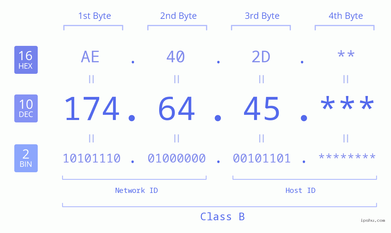 IP Address: 174.64.45 Data Structure Chart BIN DEC HEX IPv4: 174.64.45 Network Class, Net ID, Host ID