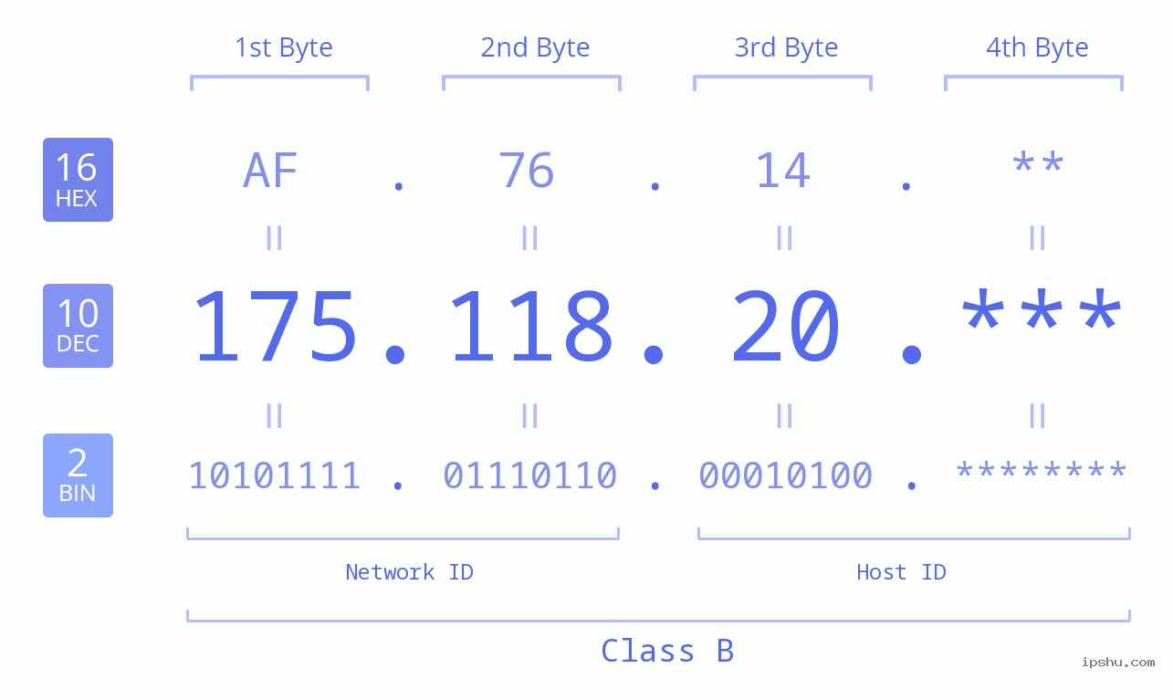 IP Address: 175.118.20 Data Structure Chart BIN DEC HEX IPv4: 175.118.20 Network Class, Net ID, Host ID