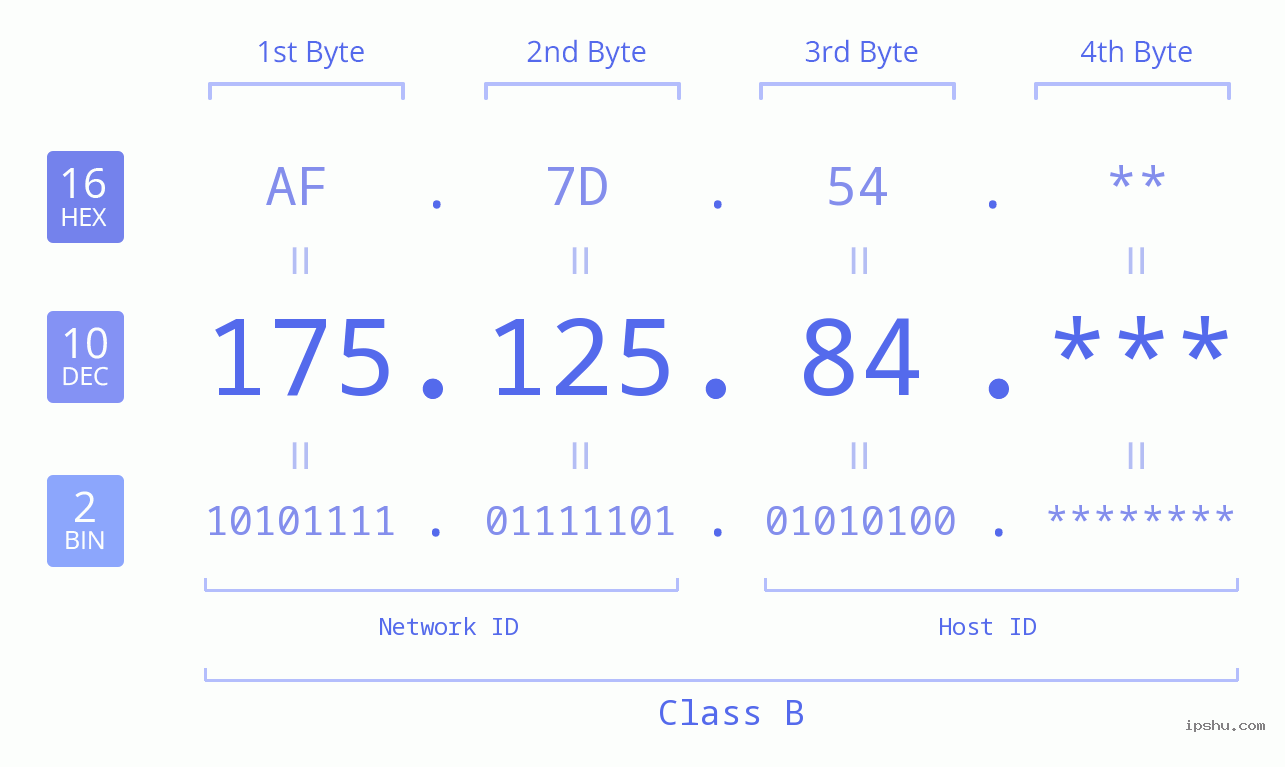 IP Address: 175.125.84 Data Structure Chart BIN DEC HEX IPv4: 175.125.84 Network Class, Net ID, Host ID