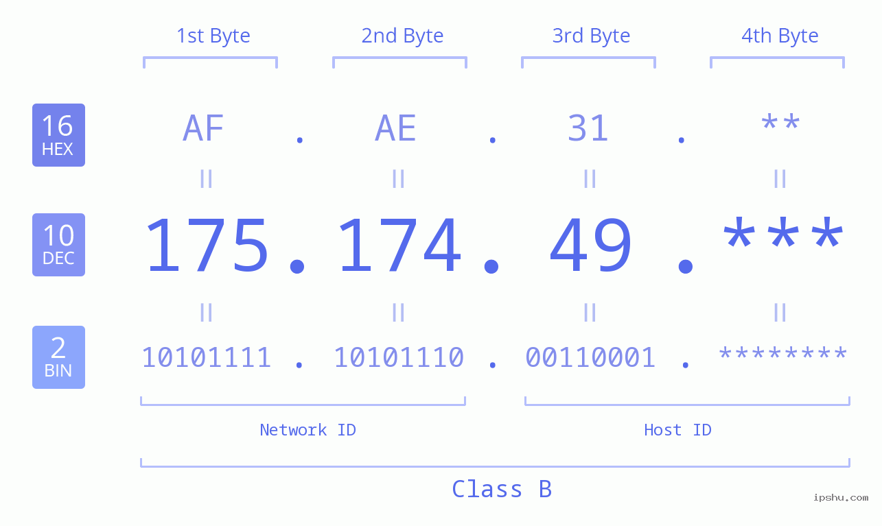 IP Address: 175.174.49 Data Structure Chart BIN DEC HEX IPv4: 175.174.49 Network Class, Net ID, Host ID