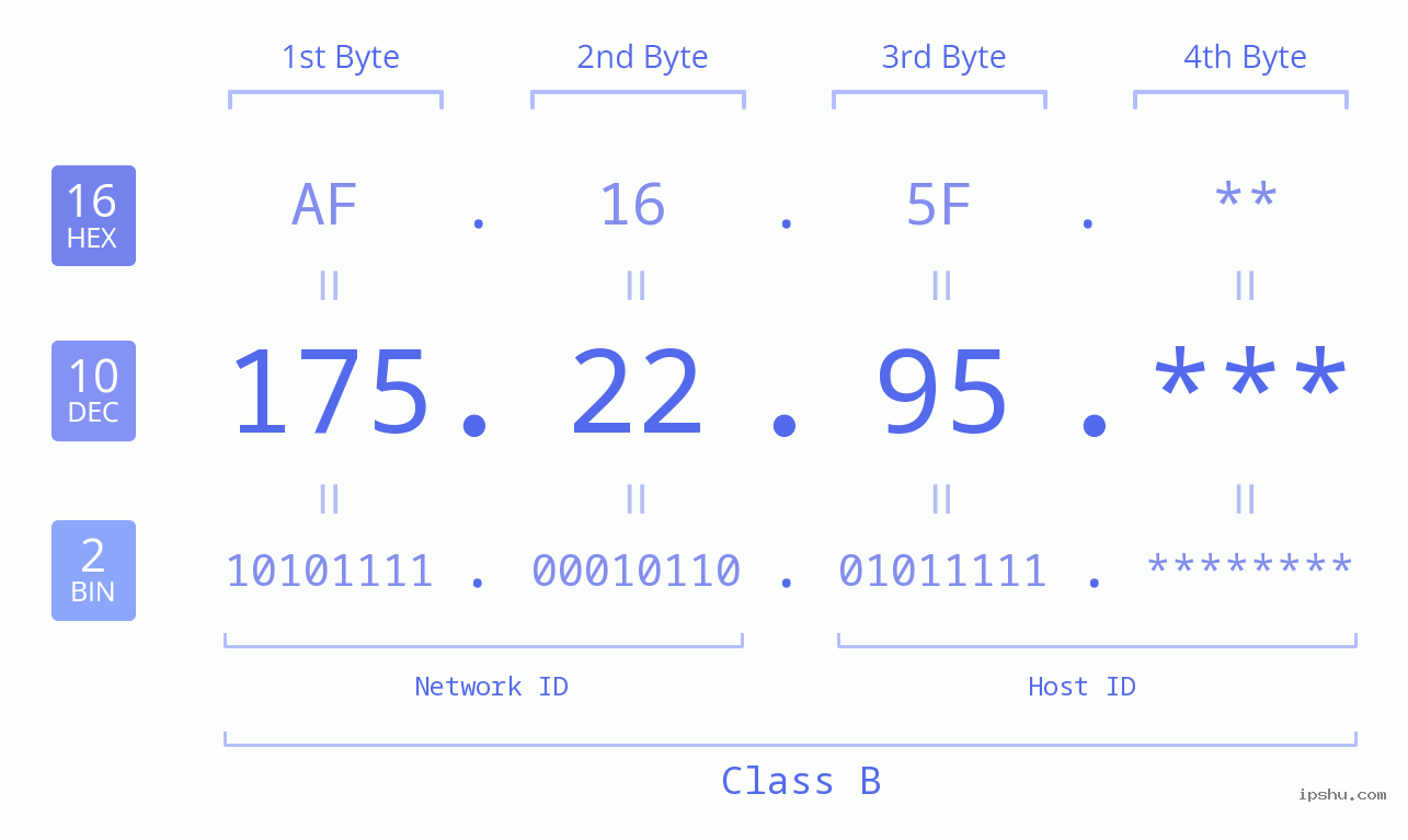 IP Address: 175.22.95 Data Structure Chart BIN DEC HEX IPv4: 175.22.95 Network Class, Net ID, Host ID