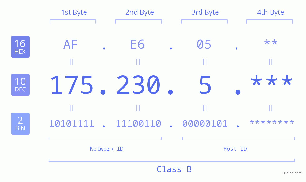 IP Address: 175.230.5 Data Structure Chart BIN DEC HEX IPv4: 175.230.5 Network Class, Net ID, Host ID