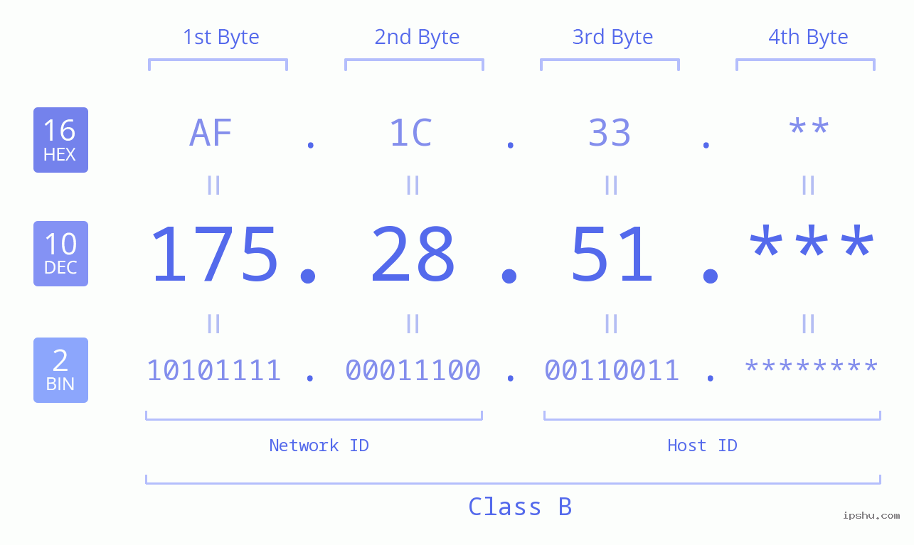 IP Address: 175.28.51 Data Structure Chart BIN DEC HEX IPv4: 175.28.51 Network Class, Net ID, Host ID