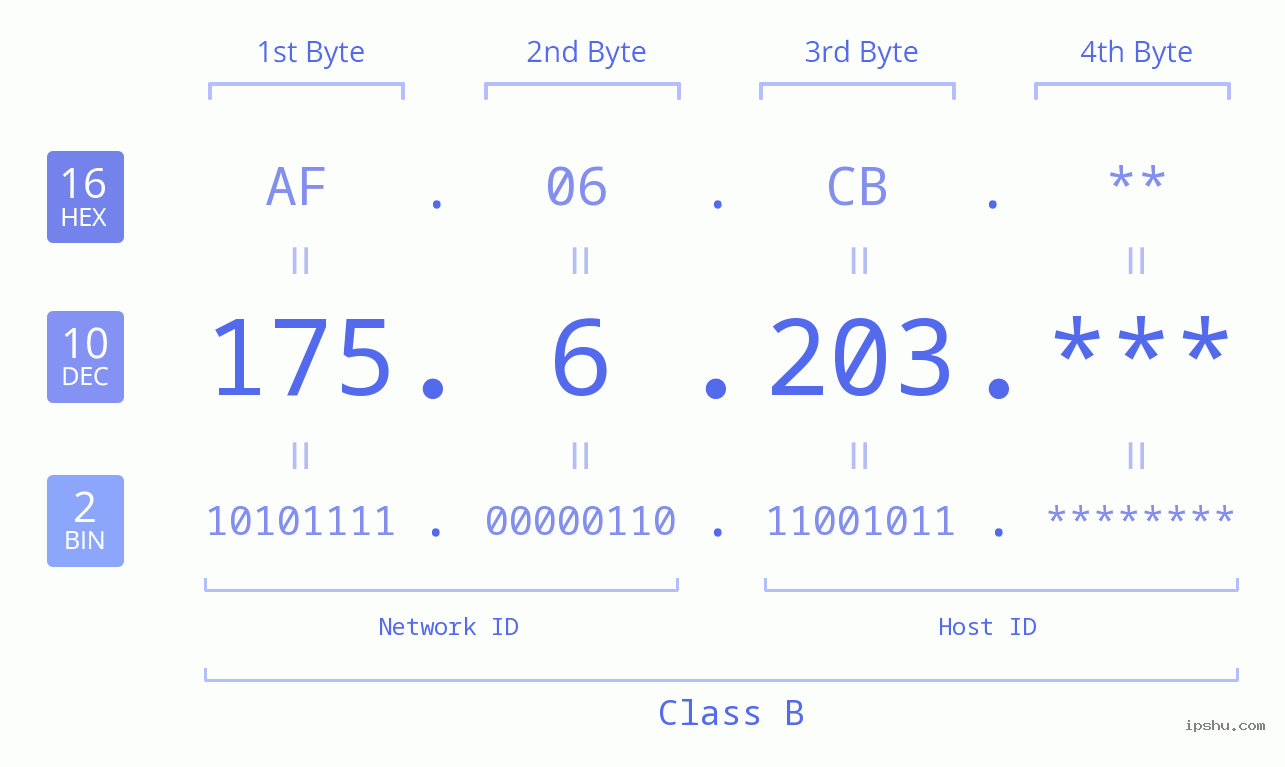 IP Address: 175.6.203 Data Structure Chart BIN DEC HEX IPv4: 175.6.203 Network Class, Net ID, Host ID