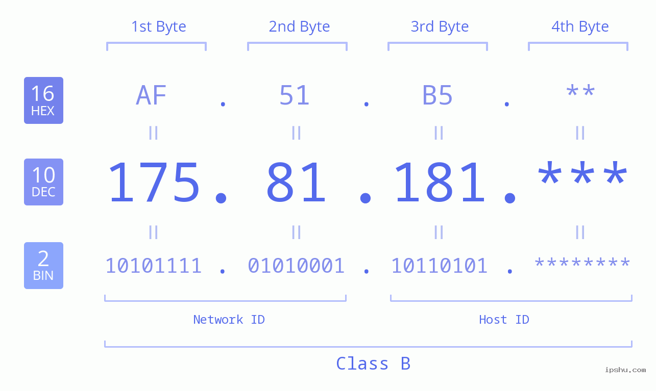 IP Address: 175.81.181 Data Structure Chart BIN DEC HEX IPv4: 175.81.181 Network Class, Net ID, Host ID