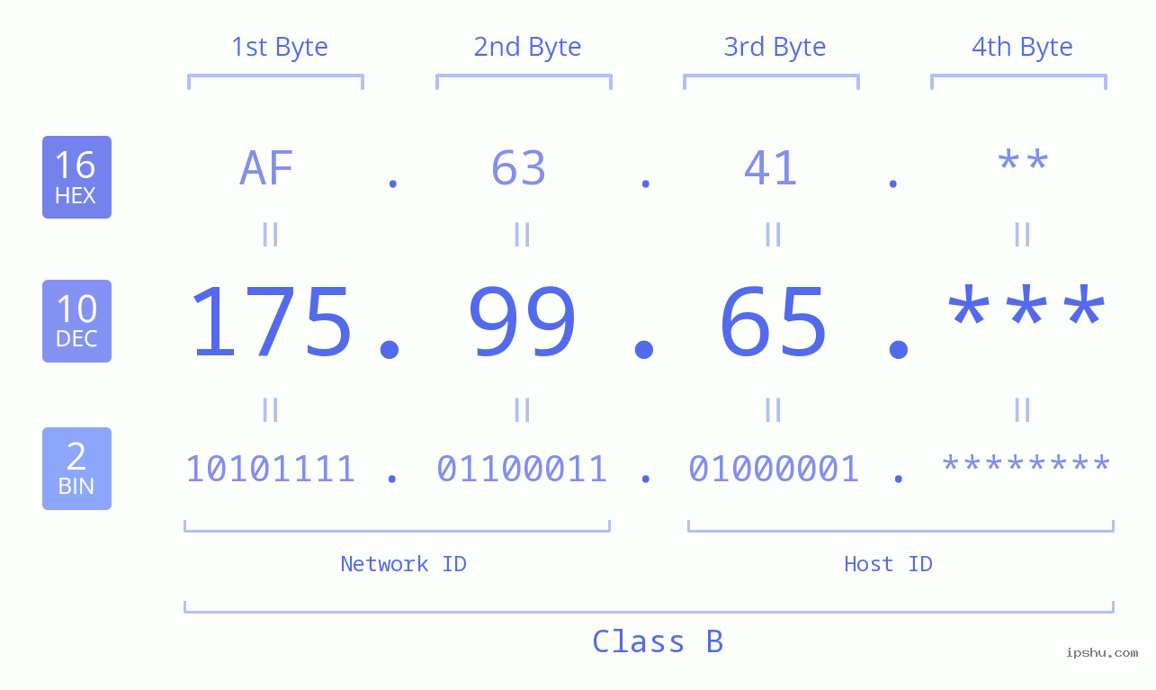 IP Address: 175.99.65 Data Structure Chart BIN DEC HEX IPv4: 175.99.65 Network Class, Net ID, Host ID
