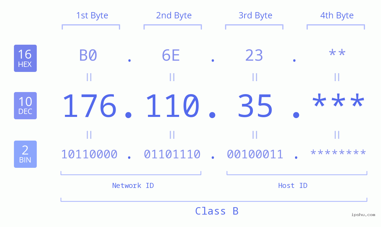 IP Address: 176.110.35 Data Structure Chart BIN DEC HEX IPv4: 176.110.35 Network Class, Net ID, Host ID