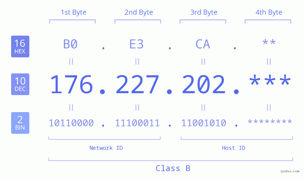IP Address: 176.227.202 Data Structure Chart BIN DEC HEX IPv4: 176.227.202 Network Class, Net ID, Host ID
