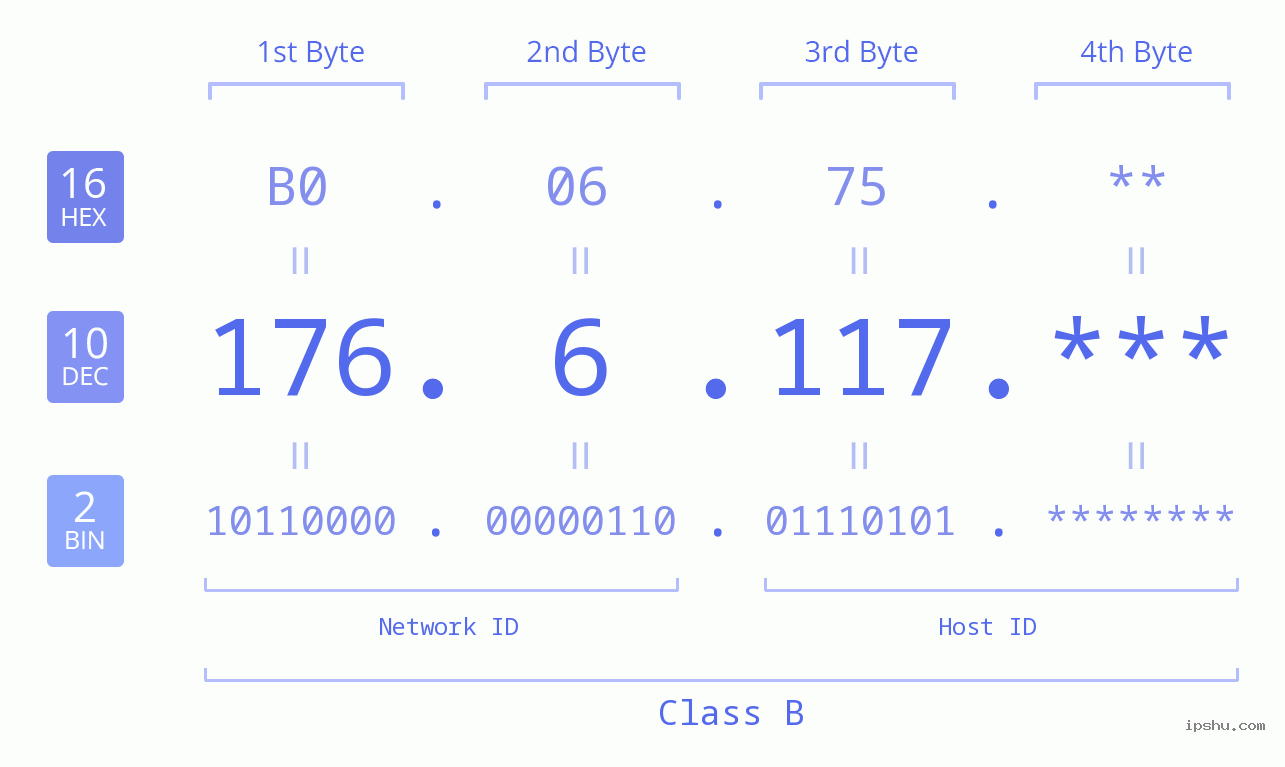 IP Address: 176.6.117 Data Structure Chart BIN DEC HEX IPv4: 176.6.117 Network Class, Net ID, Host ID