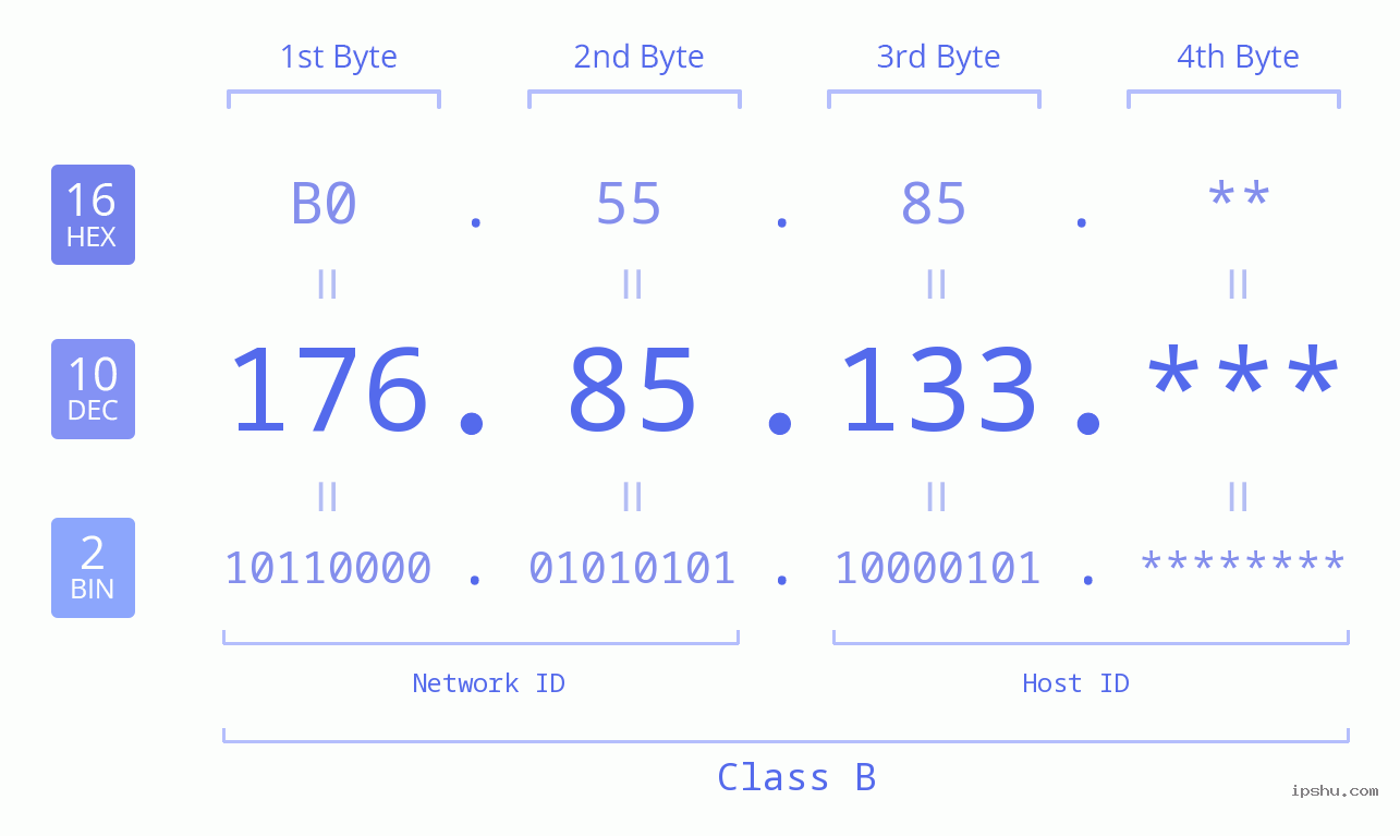 IP Address: 176.85.133 Data Structure Chart BIN DEC HEX IPv4: 176.85.133 Network Class, Net ID, Host ID