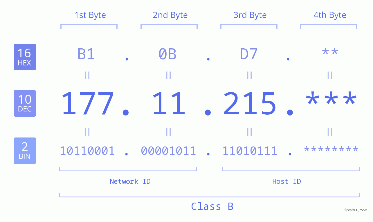IP Address: 177.11.215 Data Structure Chart BIN DEC HEX IPv4: 177.11.215 Network Class, Net ID, Host ID