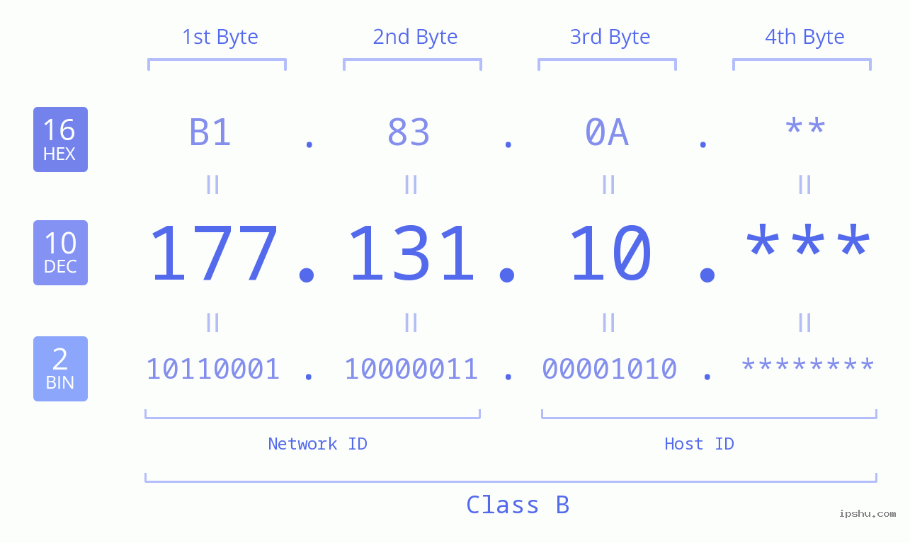 IP Address: 177.131.10 Data Structure Chart BIN DEC HEX IPv4: 177.131.10 Network Class, Net ID, Host ID