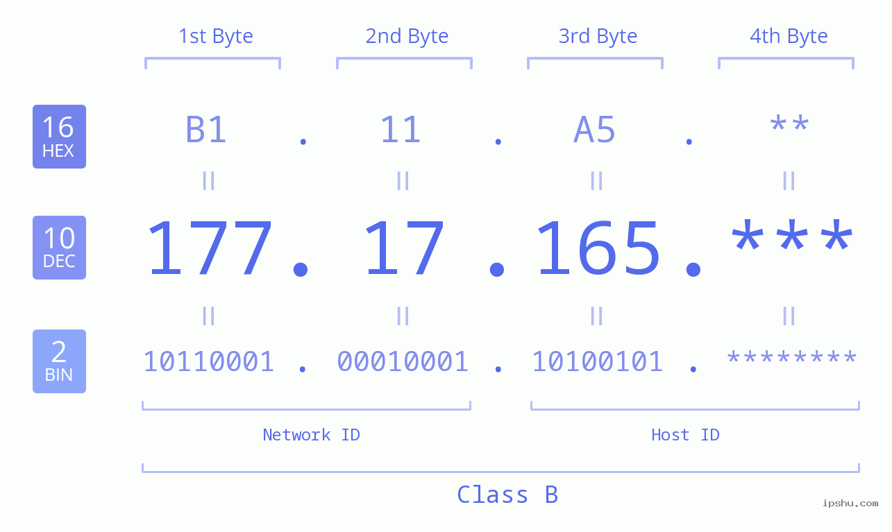 IP Address: 177.17.165 Data Structure Chart BIN DEC HEX IPv4: 177.17.165 Network Class, Net ID, Host ID