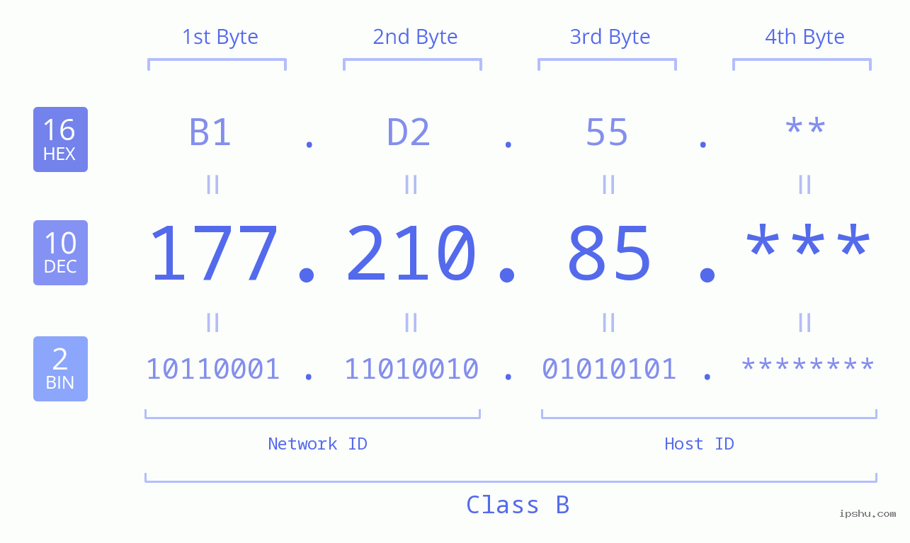 IP Address: 177.210.85 Data Structure Chart BIN DEC HEX IPv4: 177.210.85 Network Class, Net ID, Host ID