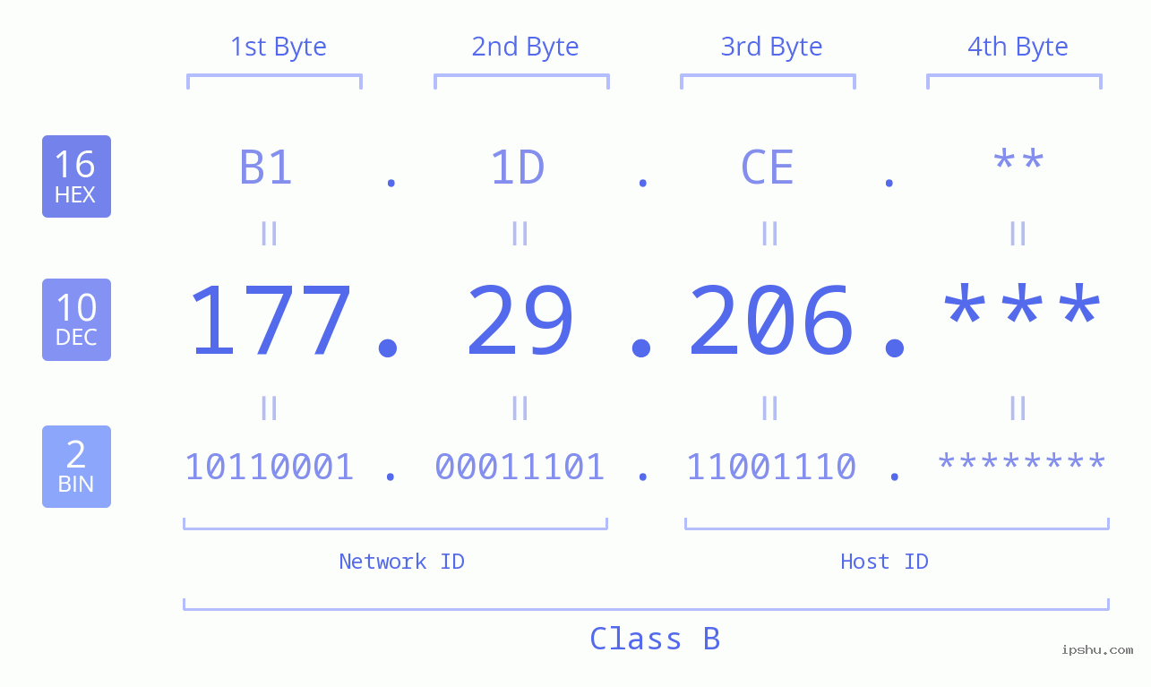 IP Address: 177.29.206 Data Structure Chart BIN DEC HEX IPv4: 177.29.206 Network Class, Net ID, Host ID