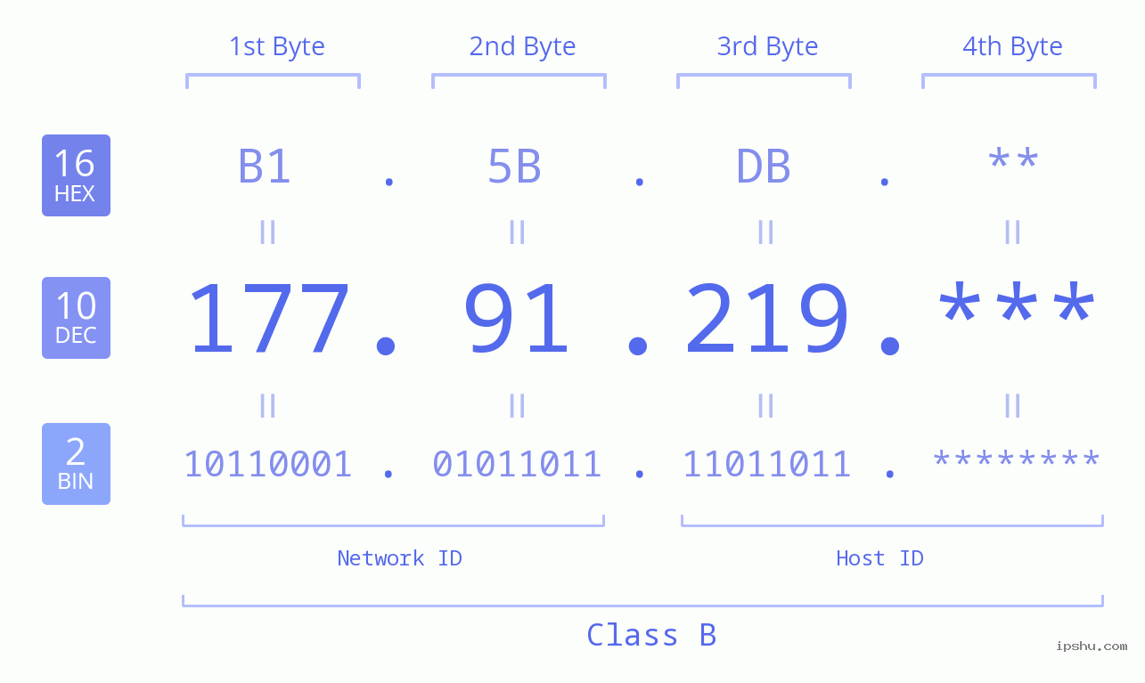 IP Address: 177.91.219 Data Structure Chart BIN DEC HEX IPv4: 177.91.219 Network Class, Net ID, Host ID