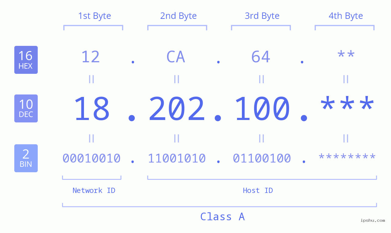 IP Address: 18.202.100 Data Structure Chart BIN DEC HEX IPv4: 18.202.100 Network Class, Net ID, Host ID