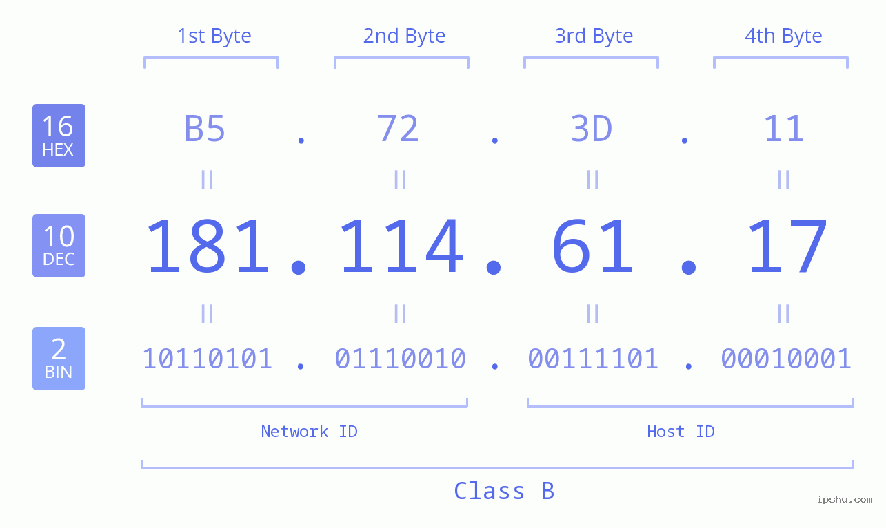 IP Address: 181.114.61.17 Data Structure Chart BIN DEC HEX IPv4: 181.114.61.17 Network Class, Net ID, Host ID
