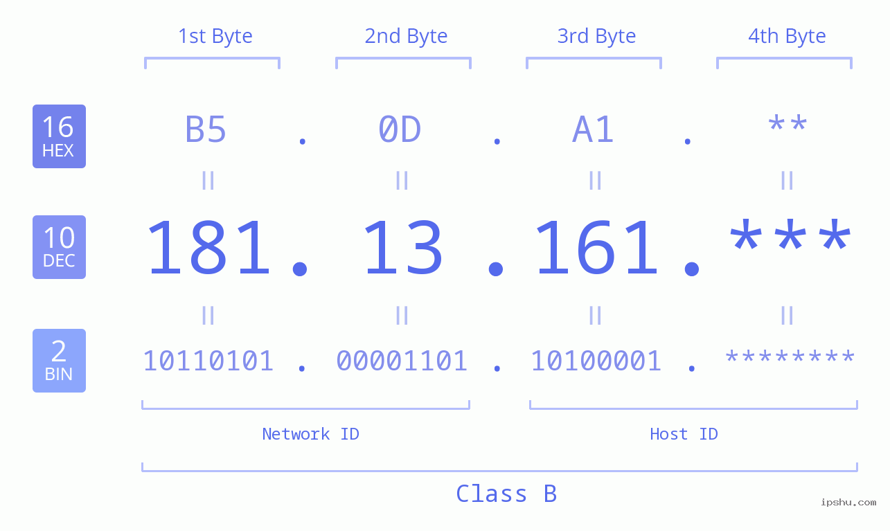 IP Address: 181.13.161 Data Structure Chart BIN DEC HEX IPv4: 181.13.161 Network Class, Net ID, Host ID