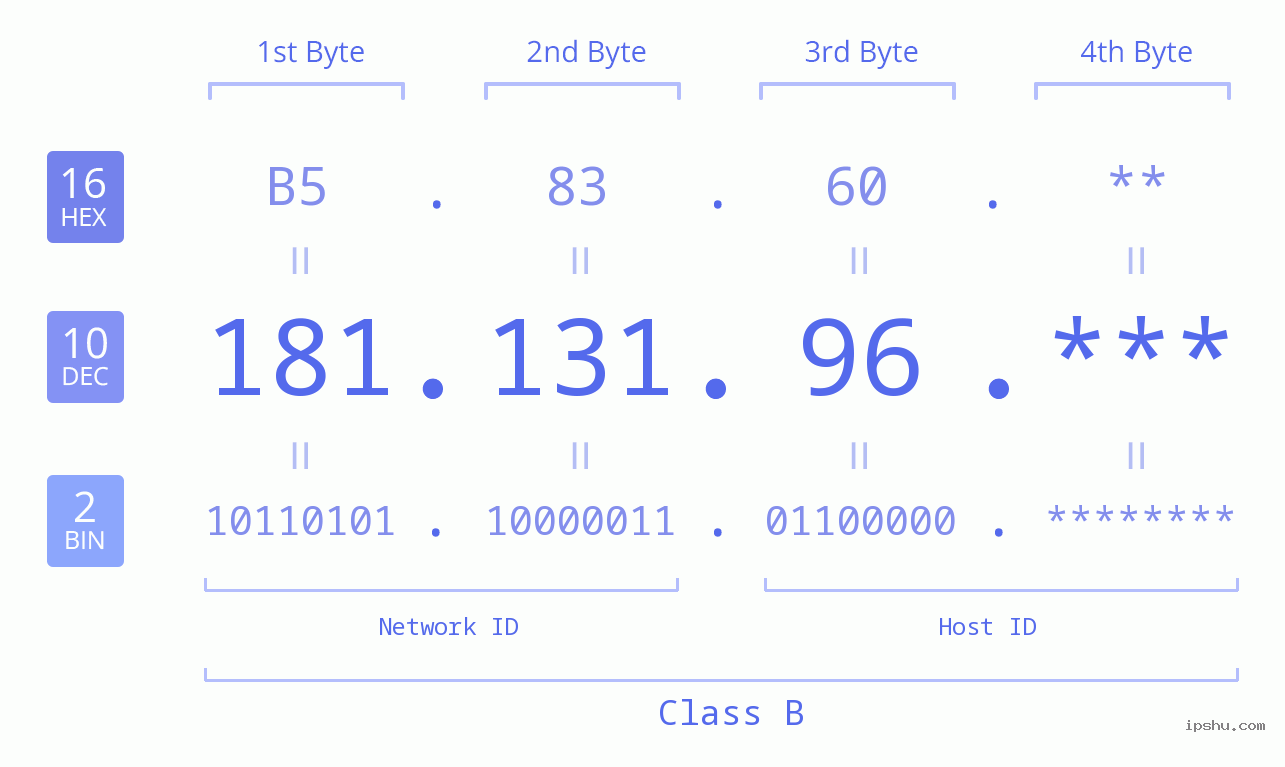 IP Address: 181.131.96 Data Structure Chart BIN DEC HEX IPv4: 181.131.96 Network Class, Net ID, Host ID
