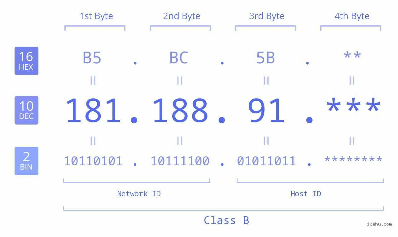 IP Address: 181.188.91 Data Structure Chart BIN DEC HEX IPv4: 181.188.91 Network Class, Net ID, Host ID