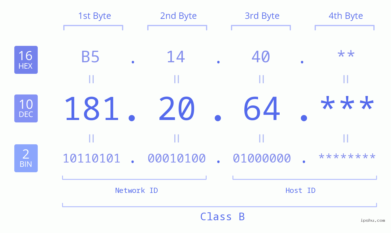 IP Address: 181.20.64 Data Structure Chart BIN DEC HEX IPv4: 181.20.64 Network Class, Net ID, Host ID