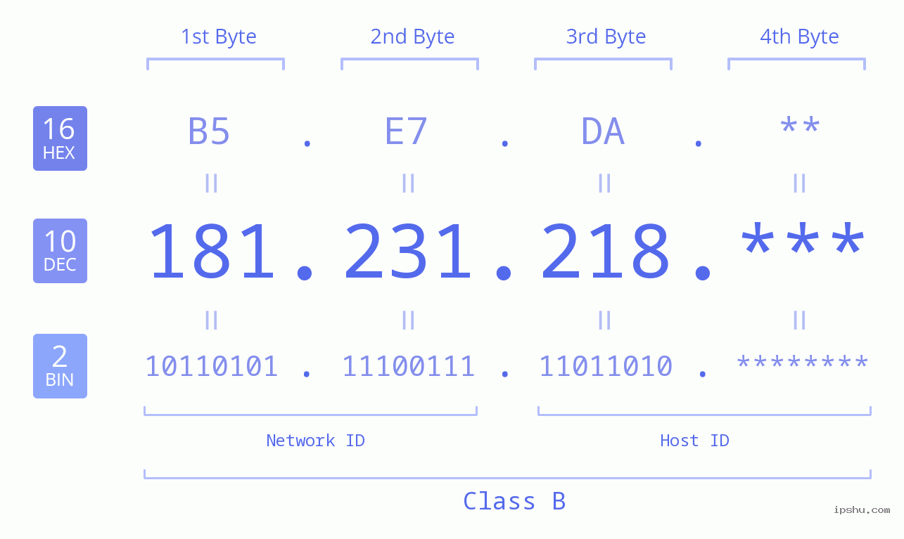 IP Address: 181.231.218 Data Structure Chart BIN DEC HEX IPv4: 181.231.218 Network Class, Net ID, Host ID