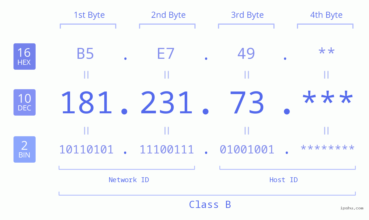 IP Address: 181.231.73 Data Structure Chart BIN DEC HEX IPv4: 181.231.73 Network Class, Net ID, Host ID
