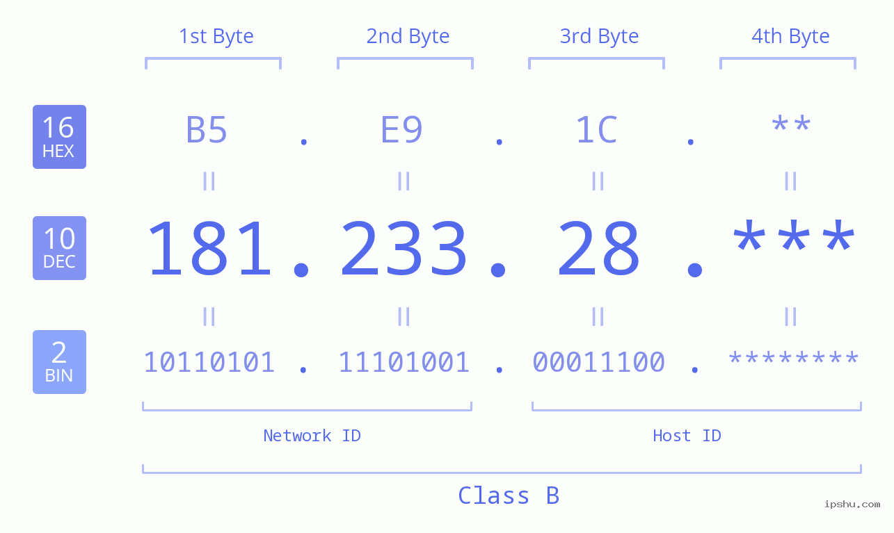 IP Address: 181.233.28 Data Structure Chart BIN DEC HEX IPv4: 181.233.28 Network Class, Net ID, Host ID
