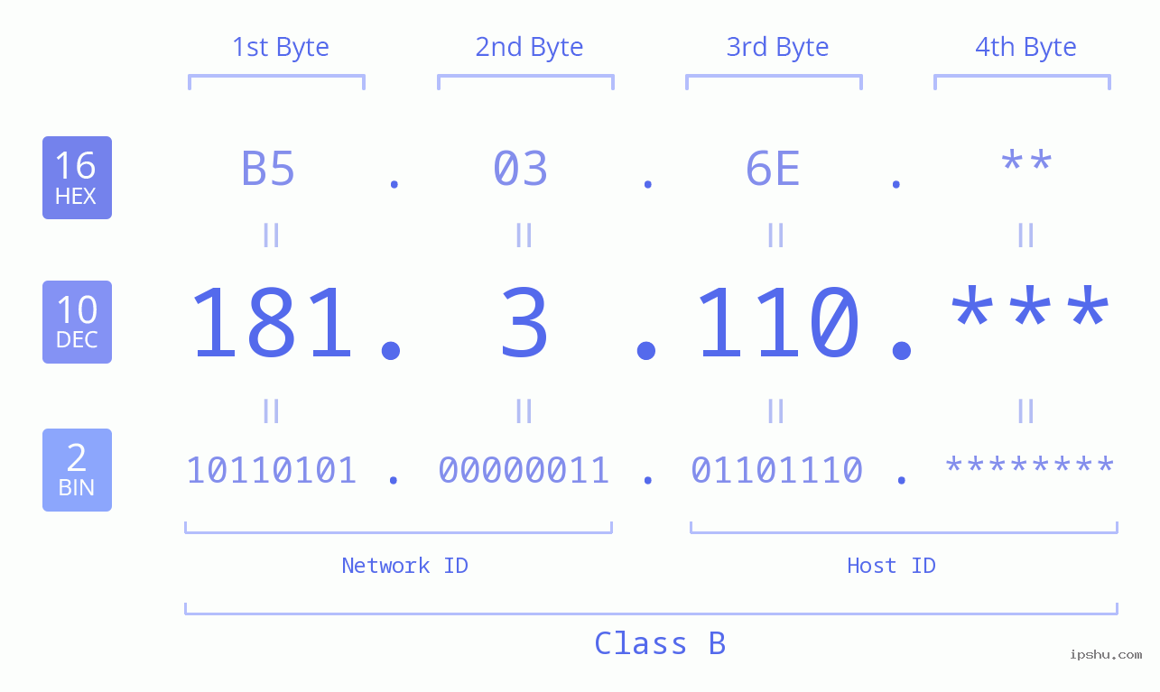 IP Address: 181.3.110 Data Structure Chart BIN DEC HEX IPv4: 181.3.110 Network Class, Net ID, Host ID