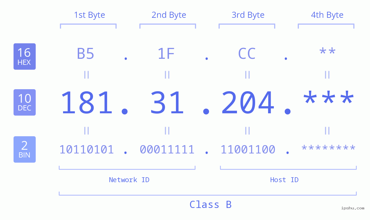 IP Address: 181.31.204 Data Structure Chart BIN DEC HEX IPv4: 181.31.204 Network Class, Net ID, Host ID